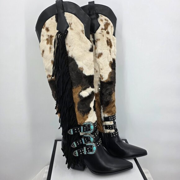AZALEA WANG Gwayne Cow Print Knee High Fringed Western Boot Buckles 7-11 NWT - Picture 7 of 15